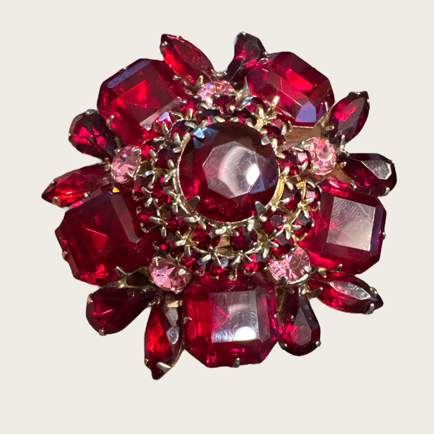 Vintage Ruby Red Domed Rhinestone Brooch – 2 ½ Inch Gold Tone Floral Statement Pin, 1950s