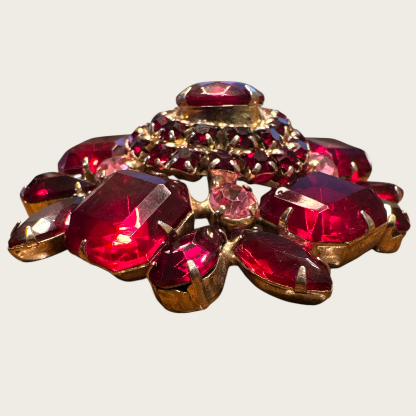 Vintage Ruby Red Domed Rhinestone Brooch – 2 ½ Inch Gold Tone Floral Statement Pin, 1950s