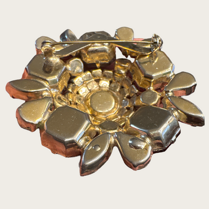 Vintage Ruby Red Domed Rhinestone Brooch – 2 ½ Inch Gold Tone Floral Statement Pin, 1950s