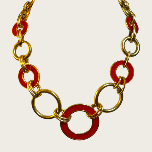 Vintage Crown Trifari Red Enamel and Gold-Tone Circle Necklace – Signed 1980s Statement Jewelry