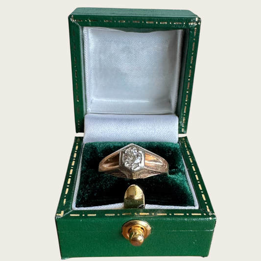 Art Deco 14K Gold Natural Diamond Gent’s Ring – Hexagonal Setting, WWP Maker’s Mark, 0.75ct | Private Collection