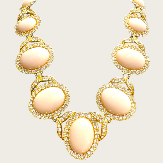 Vintage Pale Pink Glass Cabochon Statement Necklace – Gold-Tone with Rhinestone Halo, Unsigned Designer Quality