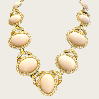 Vintage Pale Pink Glass Cabochon Statement Necklace – Gold-Tone with Rhinestone Halo, Unsigned Designer Quality