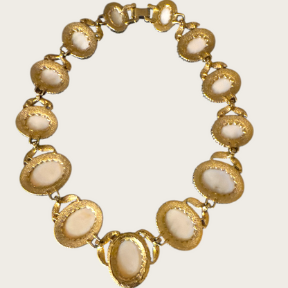Vintage Pale Pink Glass Cabochon Statement Necklace – Gold-Tone with Rhinestone Halo, Unsigned Designer Quality