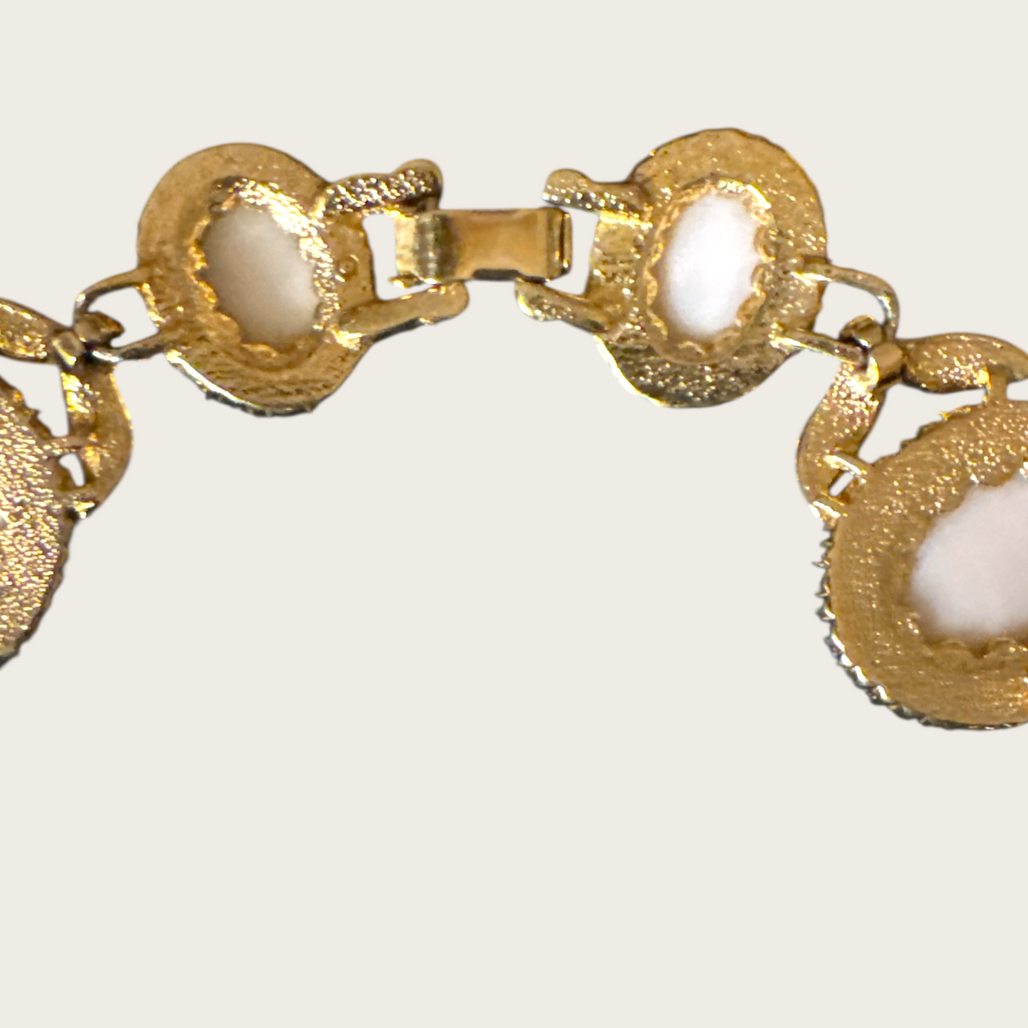 Vintage Pale Pink Glass Cabochon Statement Necklace – Gold-Tone with Rhinestone Halo, Unsigned Designer Quality