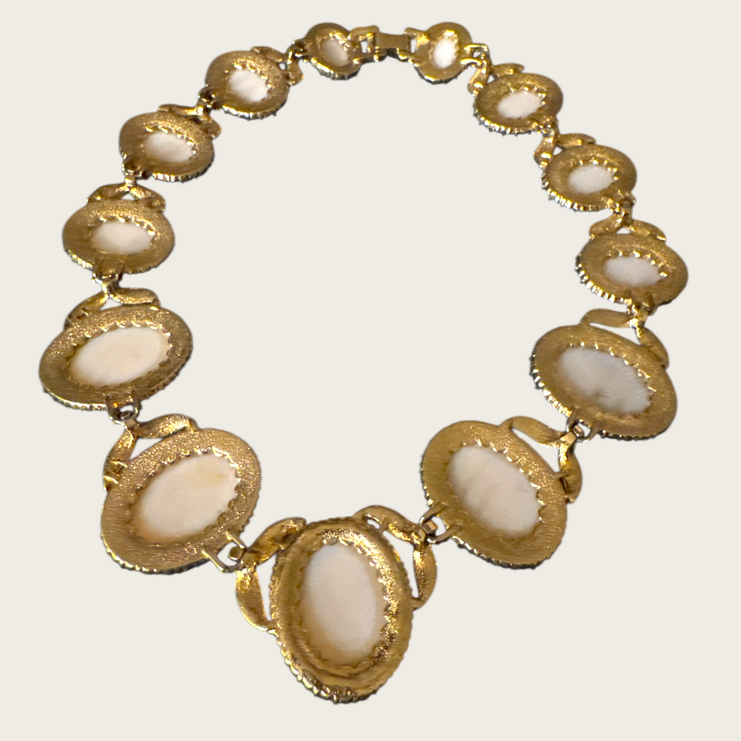 Vintage Pale Pink Glass Cabochon Statement Necklace – Gold-Tone with Rhinestone Halo, Unsigned Designer Quality