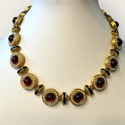 Vintage Monet Gripoix-Style Red Cabochon & Faux Pearl Statement Collar Necklace — Black Enamel, Signed