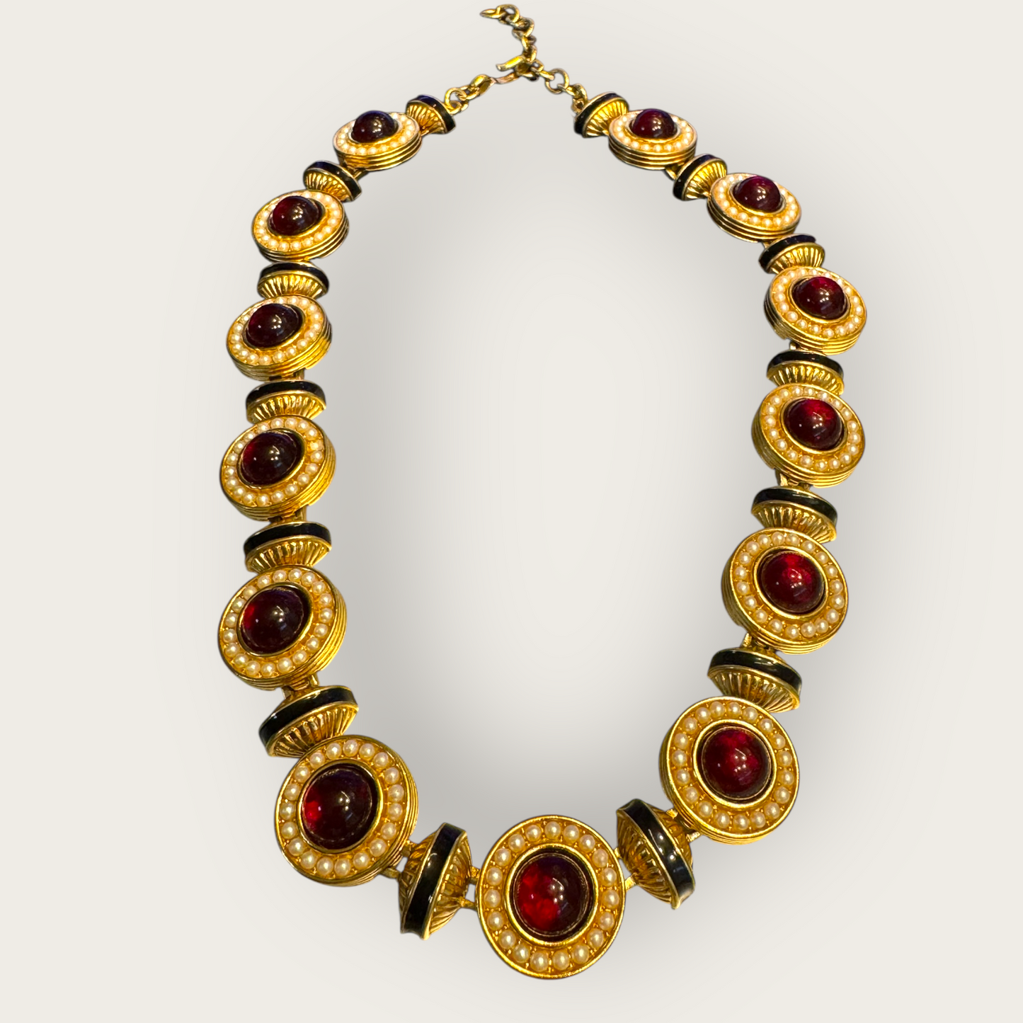 Vintage Monet Gripoix-Style Red Cabochon & Faux Pearl Statement Collar Necklace — Black Enamel, Signed