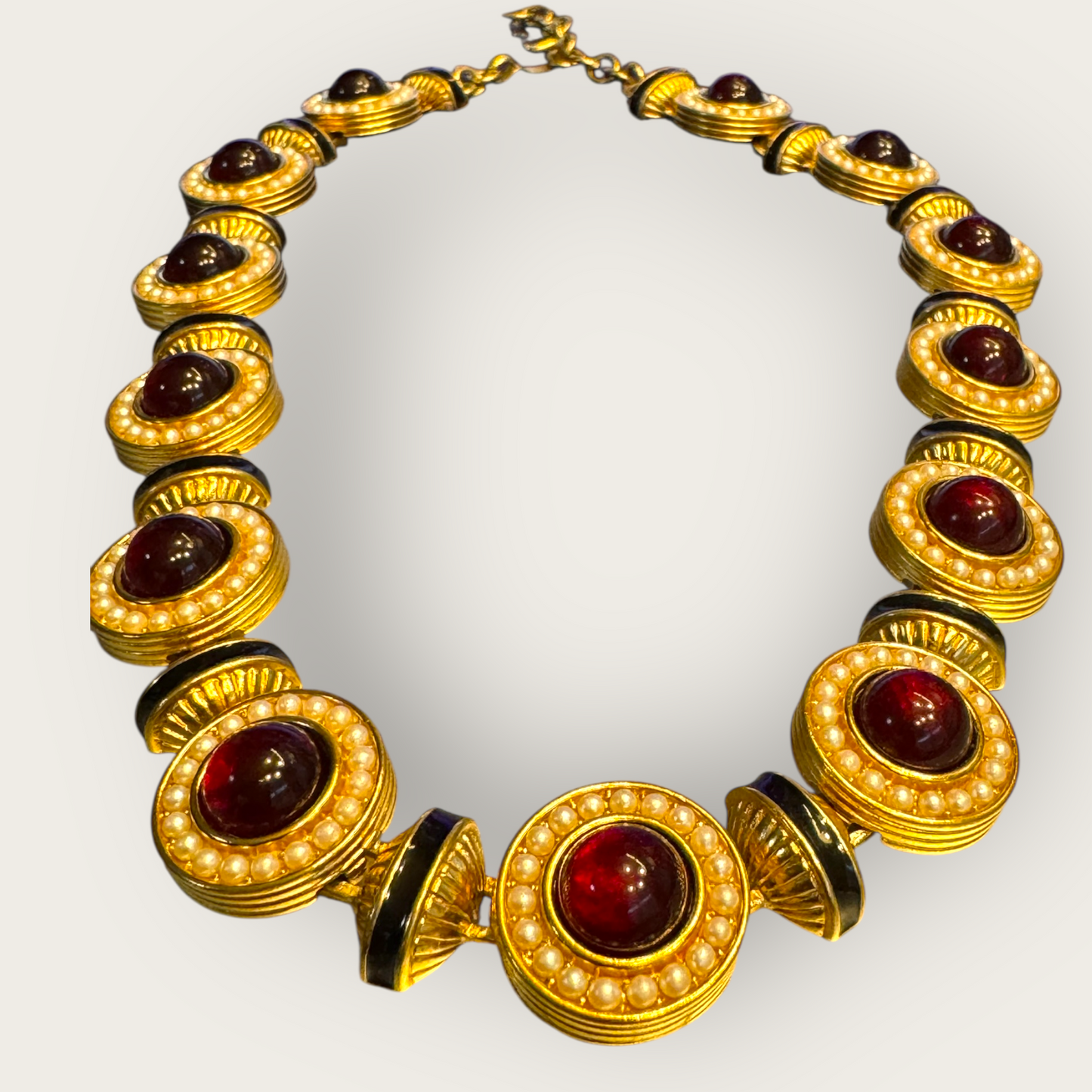 Vintage Monet Gripoix-Style Red Cabochon & Faux Pearl Statement Collar Necklace — Black Enamel, Signed