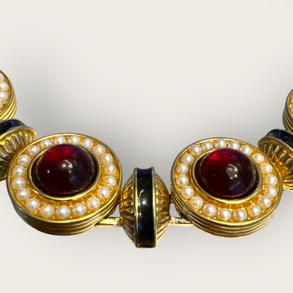 Vintage Monet Gripoix-Style Red Cabochon & Faux Pearl Statement Collar Necklace — Black Enamel, Signed