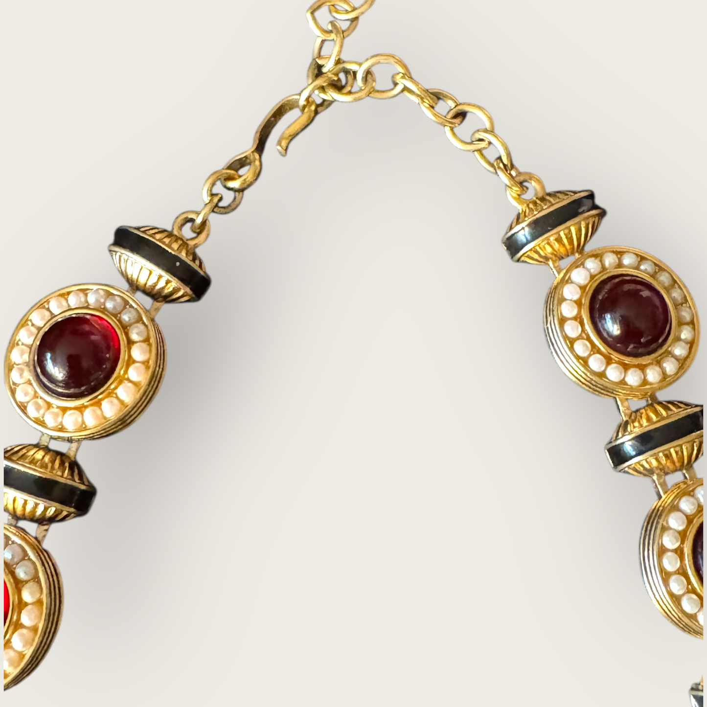 Vintage Monet Gripoix-Style Red Cabochon & Faux Pearl Statement Collar Necklace — Black Enamel, Signed