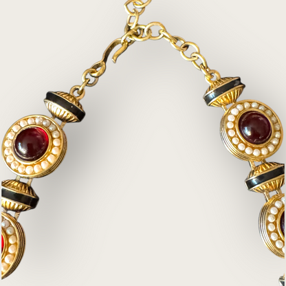 Vintage Monet Gripoix-Style Red Cabochon & Faux Pearl Statement Collar Necklace — Black Enamel, Signed