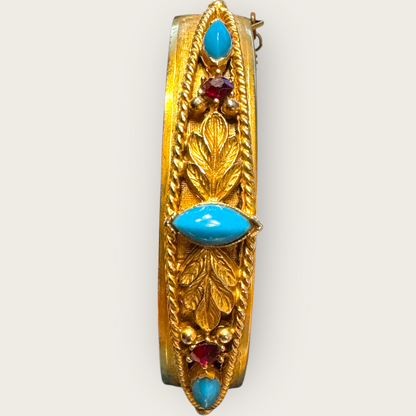 Vintage Florenza Hinged Bangle Bracelet with Glass Turquoise and Red Rhinestones