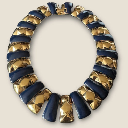 Vintage Monet Navy Blue & Gold Couture Statement Collar Necklace – 1980s Signed