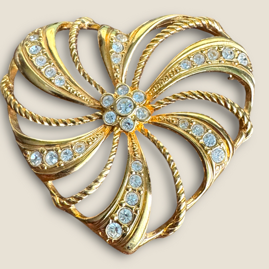 Vintage Avon Heart Brooch with Rhinestones – Gold Tone, Signed, 2.5 Inches