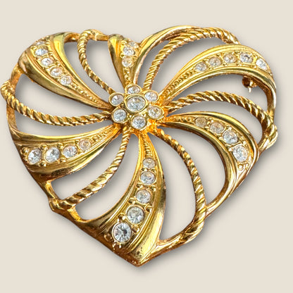 Vintage Avon Heart Brooch with Rhinestones – Gold Tone, Signed, 2.5 Inches