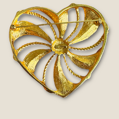 Vintage Avon Heart Brooch with Rhinestones – Gold Tone, Signed, 2.5 Inches