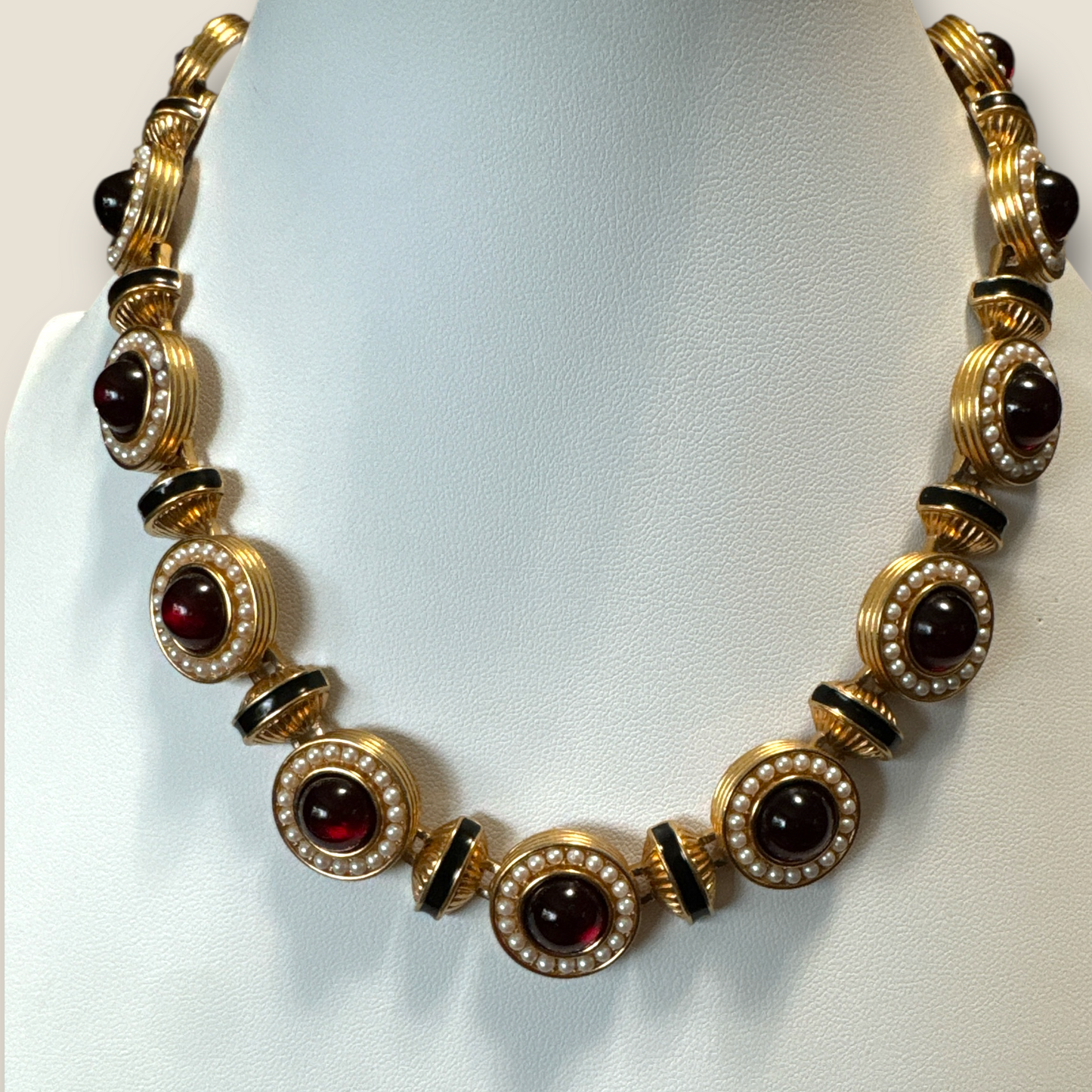 Vintage Monet Gripoix-Style Red Cabochon & Faux Pearl Statement Collar Necklace — Black Enamel, Signed