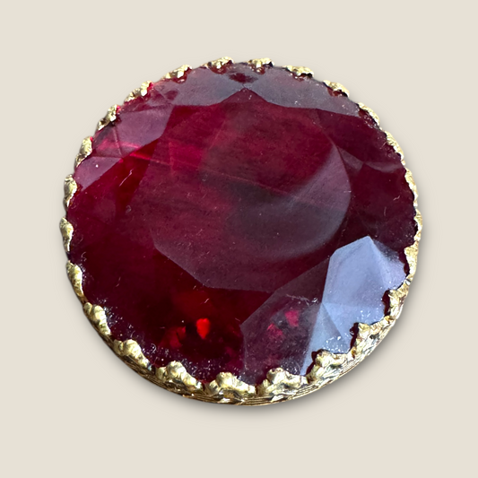 Vintage Western Germany Ruby Red Glass Brooch – Faceted Gold-Tone Pin, 1950s