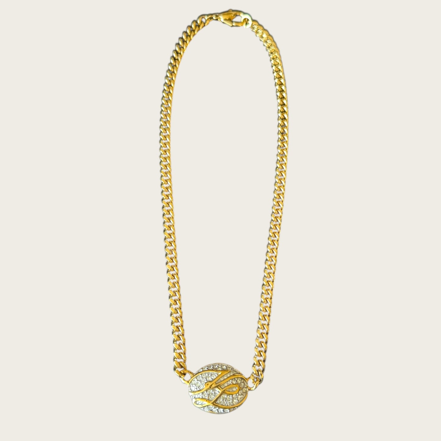 Karl Lagerfeld Couture Medallion Necklace – Signed Gold-Tone Curb Chain with Pavé Rhinestones, 1980s
