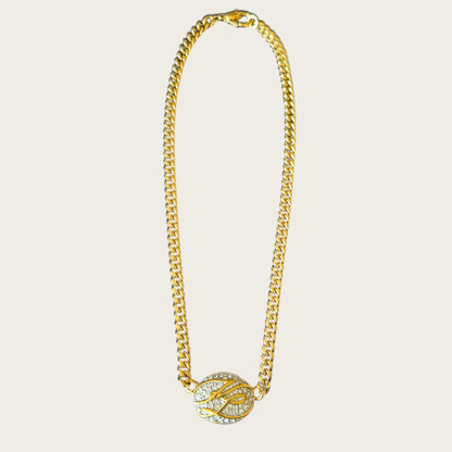 Karl Lagerfeld Couture Medallion Necklace – Signed Gold-Tone Curb Chain with Pavé Rhinestones, 1980s