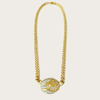 Karl Lagerfeld Couture Medallion Necklace – Signed Gold-Tone Curb Chain with Pavé Rhinestones, 1980s