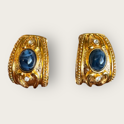 Vintage Signed Avon Chunky Gold-Tone Clip-On Earrings with Navy Lucite Cabochons