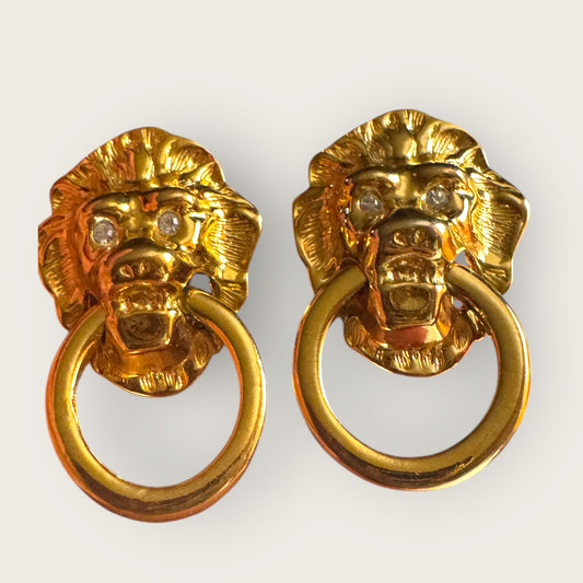 Vintage KJL for Avon Lionhead Door Knocker Earrings – Gold Tone Clip-On Statement Jewelry with Rhinestone Eyes