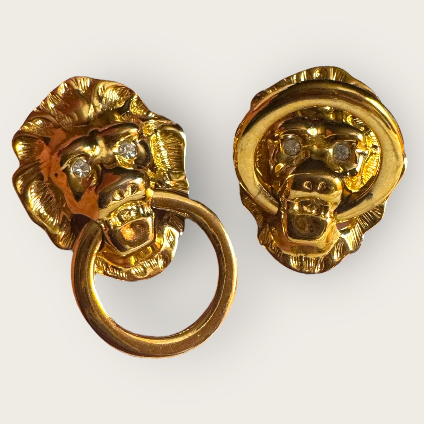 Vintage KJL for Avon Lionhead Door Knocker Earrings – Gold Tone Clip-On Statement Jewelry with Rhinestone Eyes