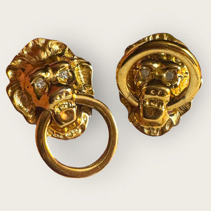 Vintage KJL for Avon Lionhead Door Knocker Earrings – Gold Tone Clip-On Statement Jewelry with Rhinestone Eyes