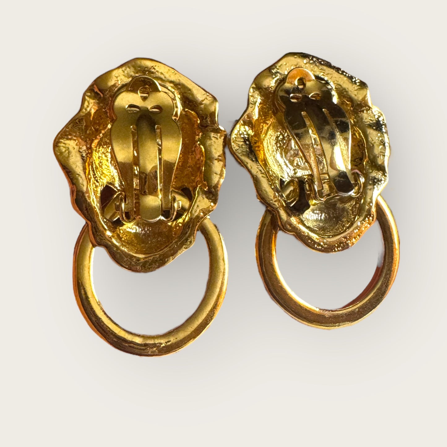 Vintage KJL for Avon Lionhead Door Knocker Earrings – Gold Tone Clip-On Statement Jewelry with Rhinestone Eyes