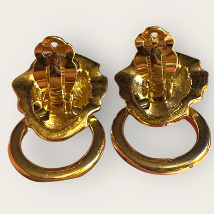 Vintage KJL for Avon Lionhead Door Knocker Earrings – Gold Tone Clip-On Statement Jewelry with Rhinestone Eyes