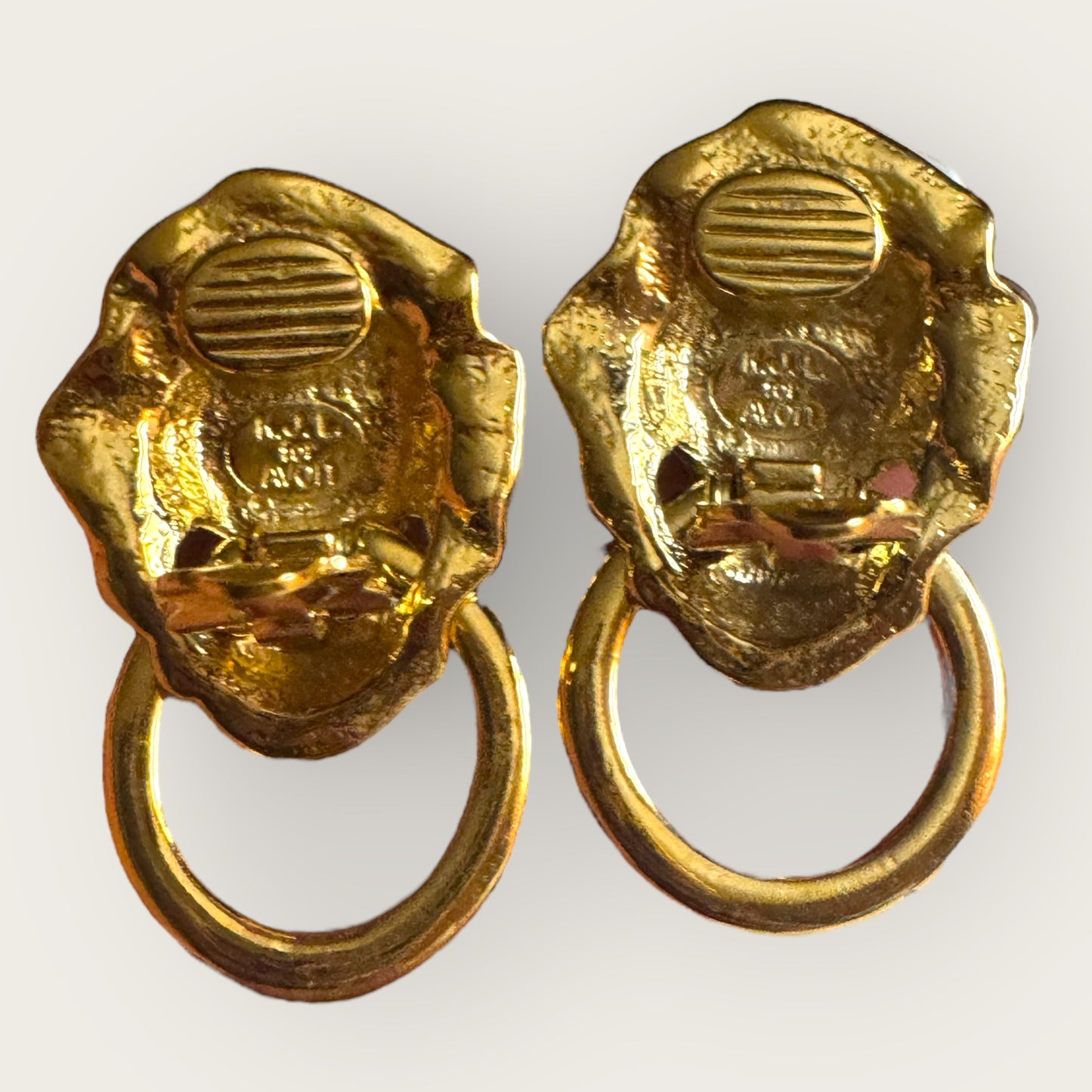 Vintage KJL for Avon Lionhead Door Knocker Earrings – Gold Tone Clip-On Statement Jewelry with Rhinestone Eyes