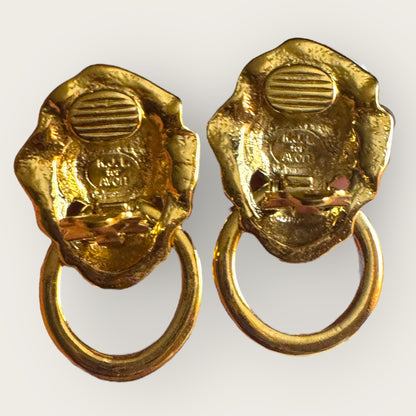 Vintage KJL for Avon Lionhead Door Knocker Earrings – Gold Tone Clip-On Statement Jewelry with Rhinestone Eyes