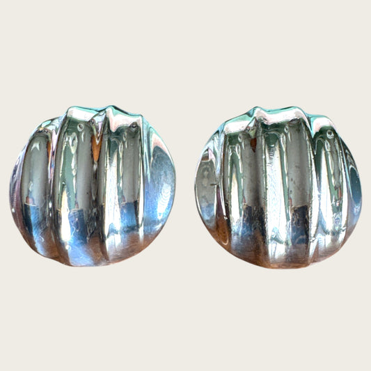Vintage E. Pearl Silver Plated Ribbed Dome Clip-On Earrings | 1.25 Inch Statement Design