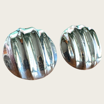 Vintage E. Pearl Silver Plated Ribbed Dome Clip-On Earrings | 1.25 Inch Statement Design