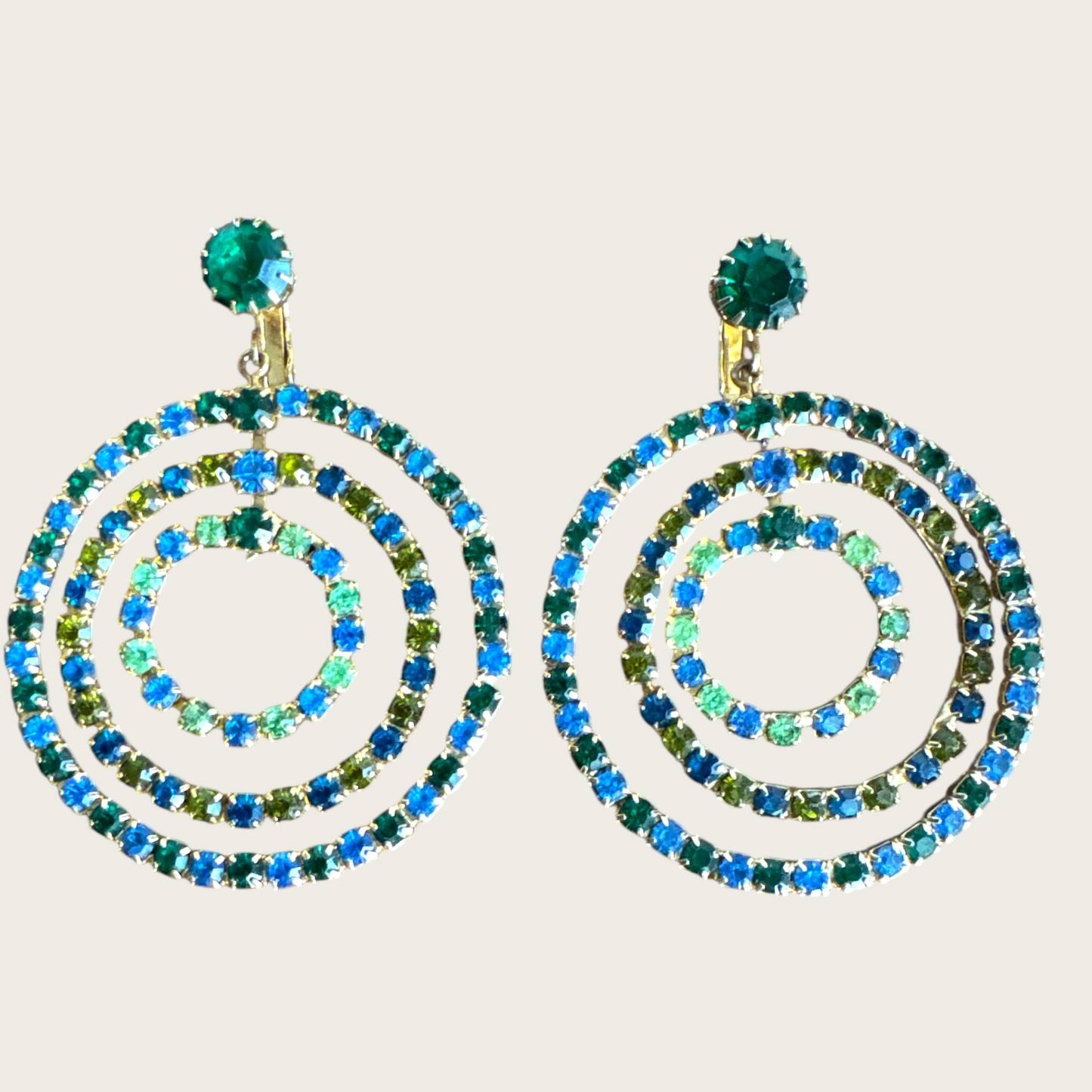 Vintage 1960s–1970s Green & Blue Rhinestone Spiral Clip-On Earrings | Atomic Age Statement Hoops