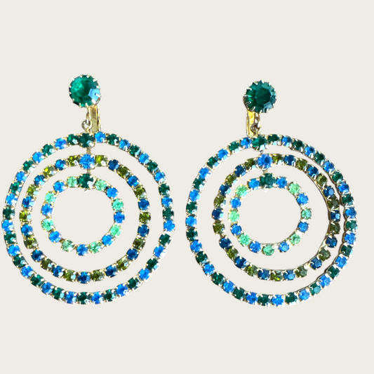 Vintage 1960s–1970s Green & Blue Rhinestone Spiral Clip-On Earrings | Atomic Age Statement Hoops