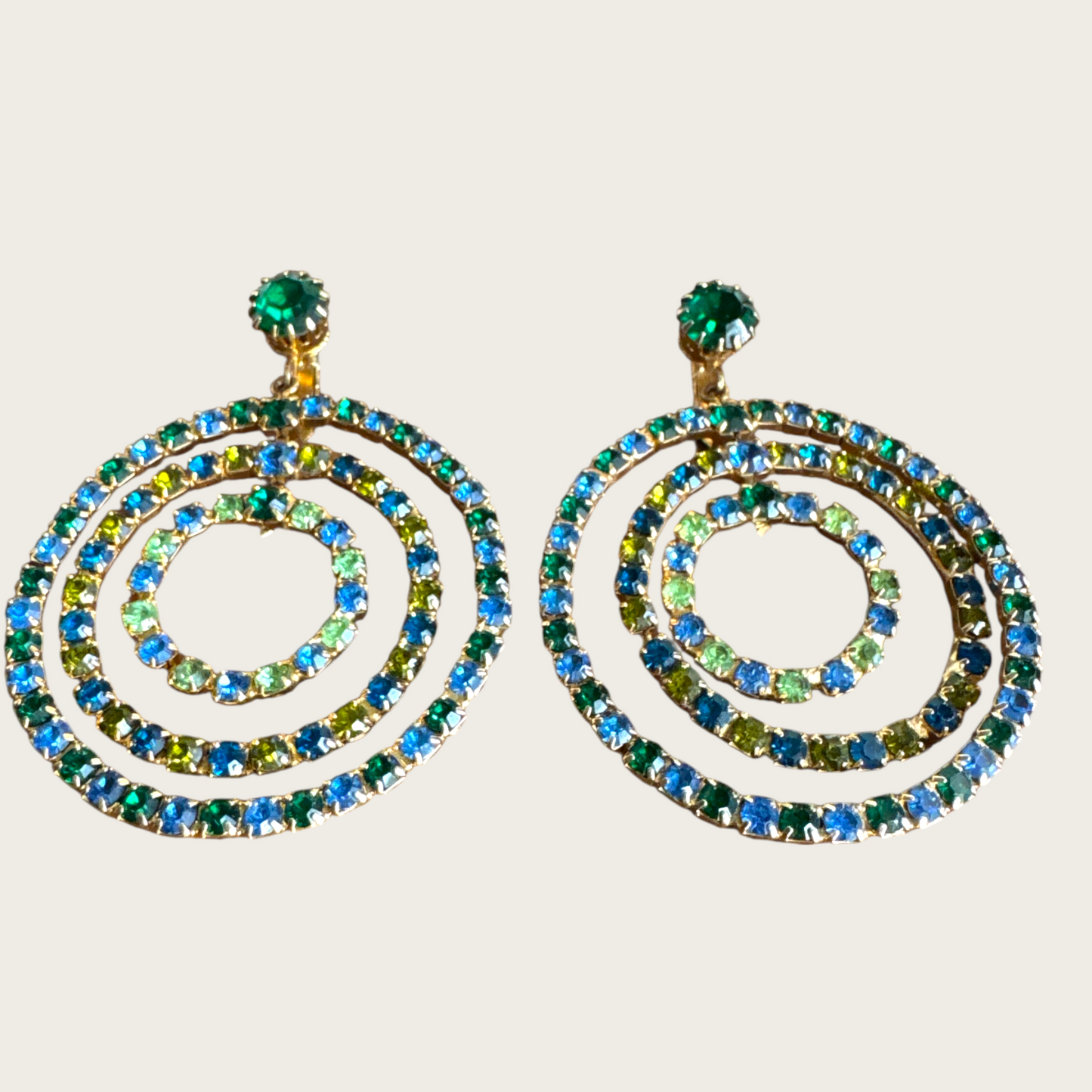 Vintage 1960s–1970s Green & Blue Rhinestone Spiral Clip-On Earrings | Atomic Age Statement Hoops
