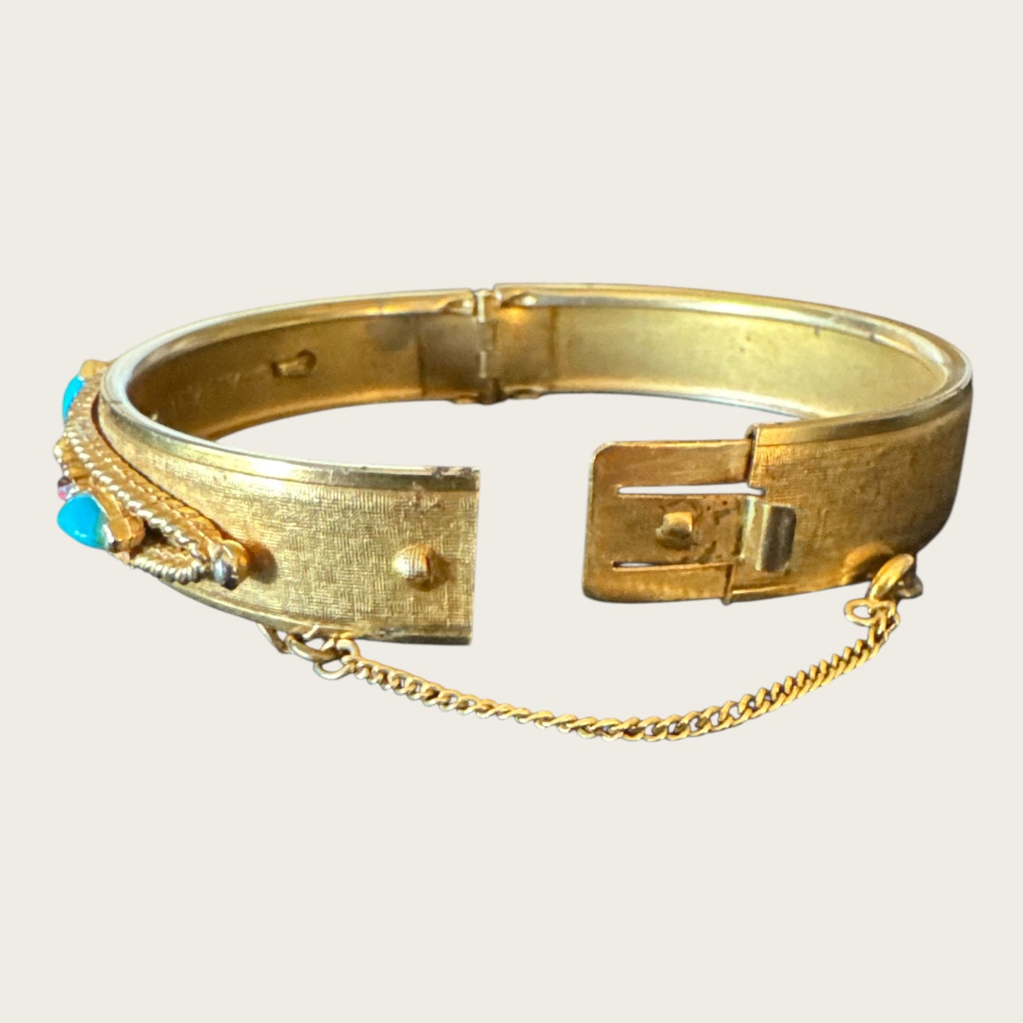 Vintage Florenza Hinged Bangle Bracelet with Glass Turquoise and Red Rhinestones