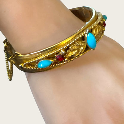 Vintage Florenza Hinged Bangle Bracelet with Glass Turquoise and Red Rhinestones