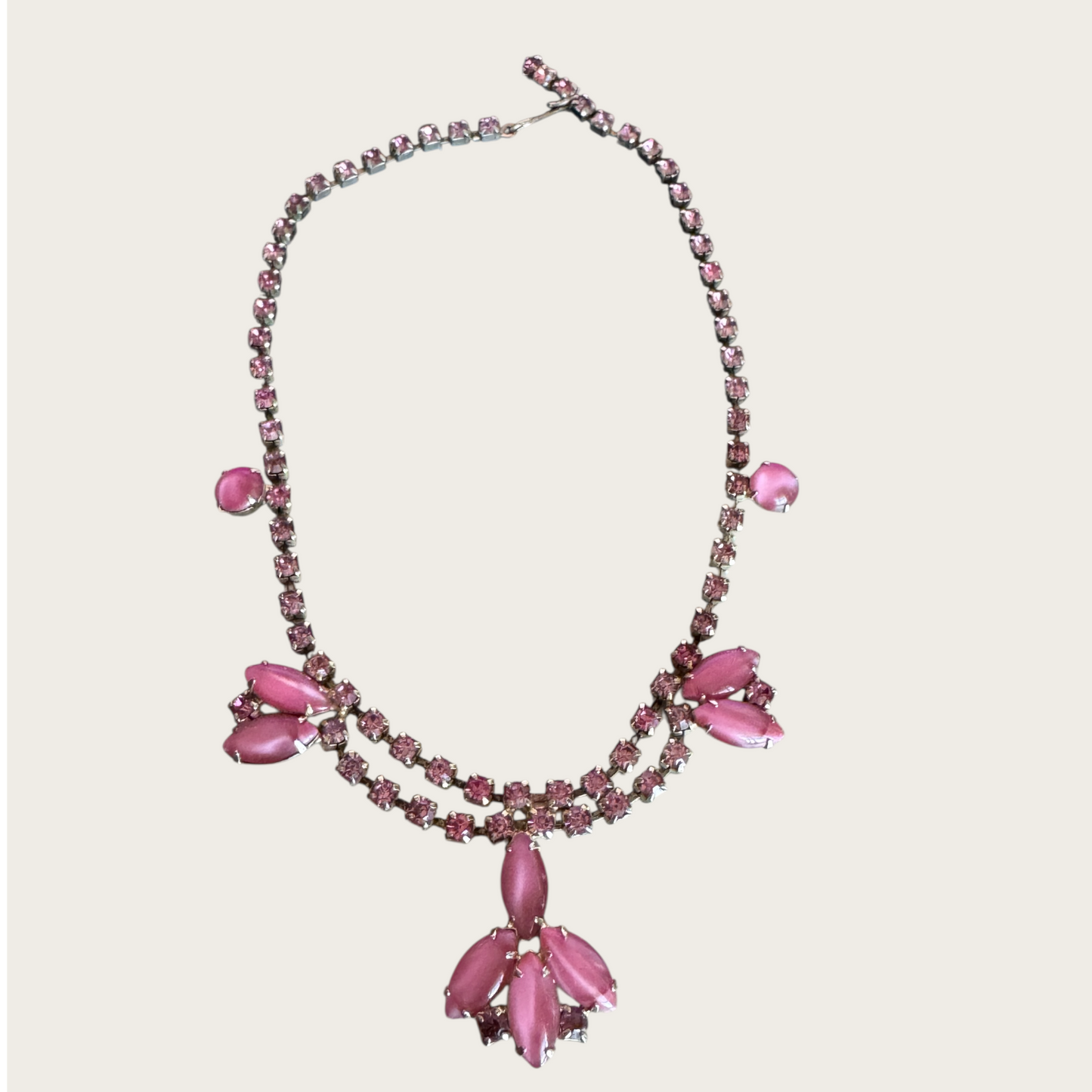 Vintage Pink Satin Glass Moonglow & Rhinestone Choker Necklace – 1950s Statement Jewelry