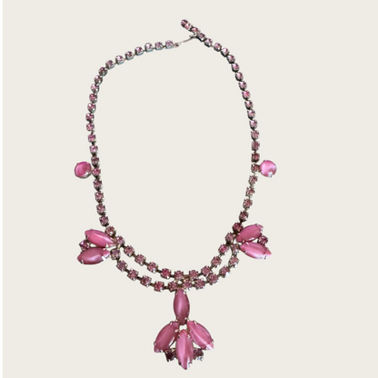 Vintage Pink Satin Glass Moonglow & Rhinestone Choker Necklace – 1950s Statement Jewelry