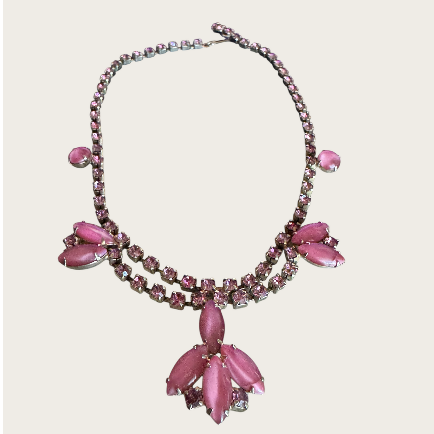 Vintage Pink Satin Glass Moonglow & Rhinestone Choker Necklace – 1950s Statement Jewelry