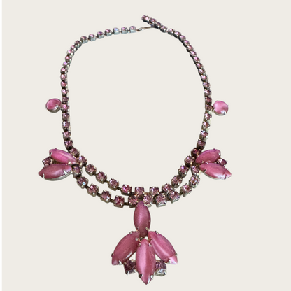 Vintage Pink Satin Glass Moonglow & Rhinestone Choker Necklace – 1950s Statement Jewelry