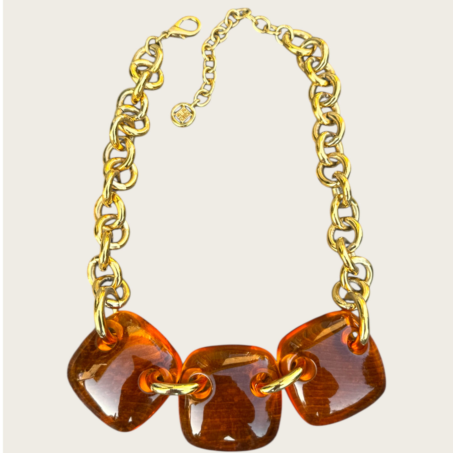 Vintage Givenchy Amber Lucite Statement Necklace with Gold Chain and 4G Tag