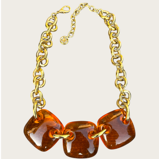 Vintage Givenchy Amber Lucite Statement Necklace with Gold Chain and 4G Tag