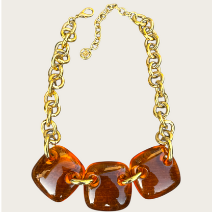Vintage Givenchy Amber Lucite Statement Necklace with Gold Chain and 4G Tag