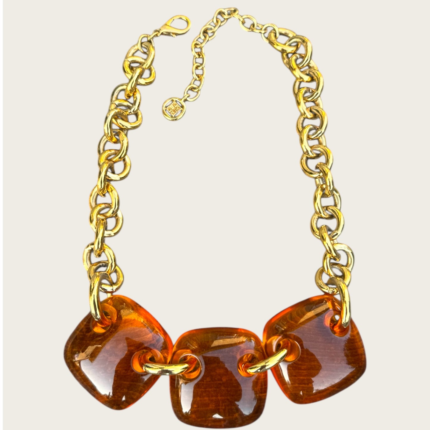 Vintage Givenchy Amber Lucite Statement Necklace with Gold Chain and 4G Tag