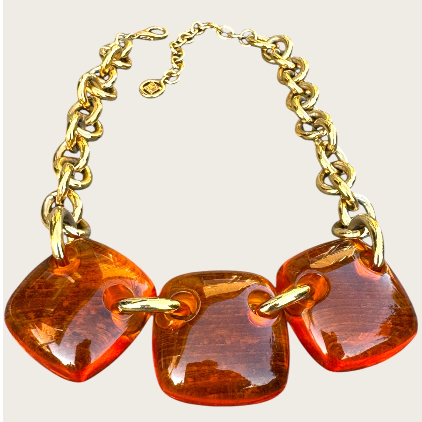 Vintage Givenchy Amber Lucite Statement Necklace with Gold Chain and 4G Tag